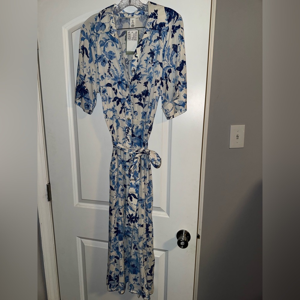 H&M Blue and White Floral Long Sleeve Dress
